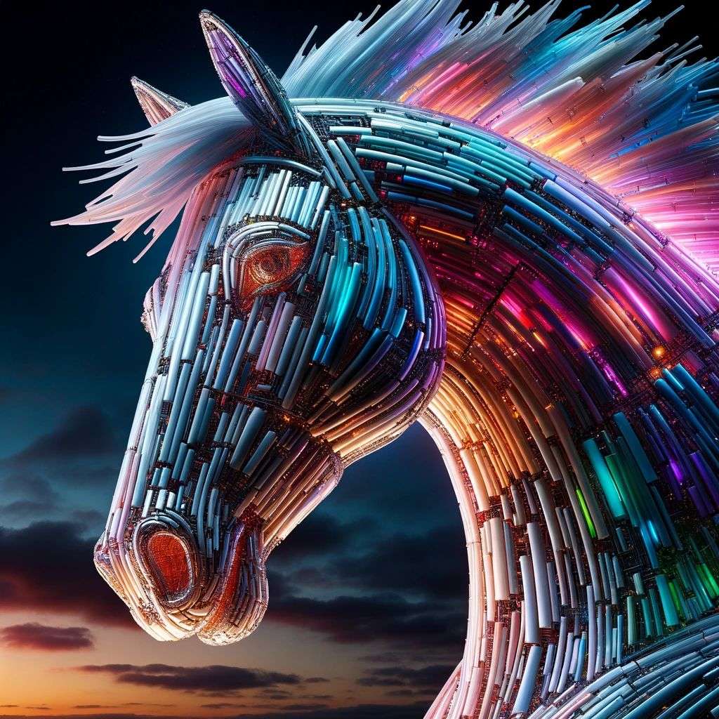 a horse, made from glowing multicolored luminescent sheets of metal, digital art